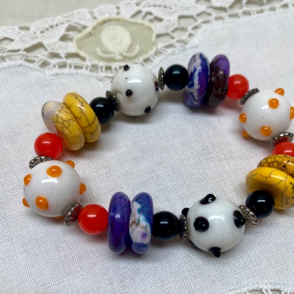 Multi Colored Festive Glass Beaded Stretch Bracelet With Silver Bead Spacers - Picture 3 of 9